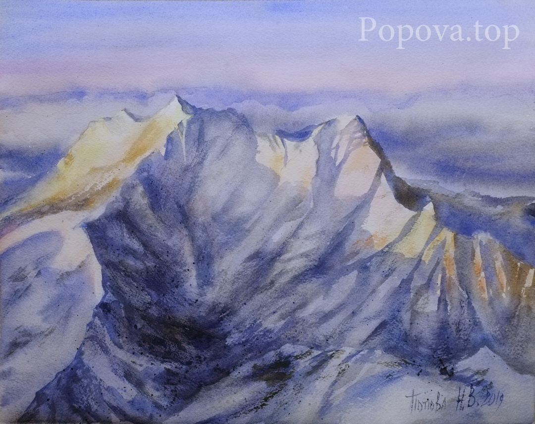 Закат на снежных вершинах Картина Акварель 28х38 Написана Наталией Поповой - Профессиональным Художником в 2016 году