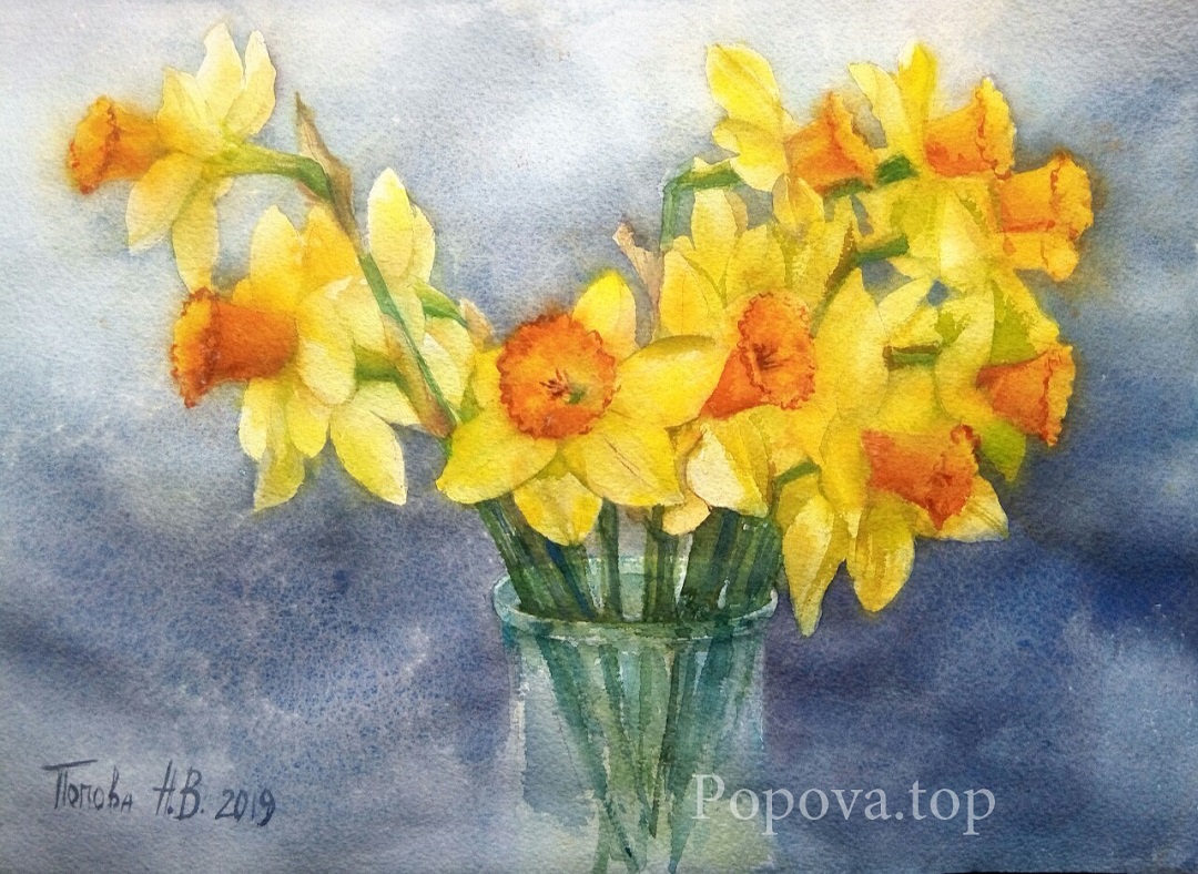 Yellow cloud of Daffodils Painting Watercolor 28x38 Written by Natalia Popova - Professional Artist in 2019 