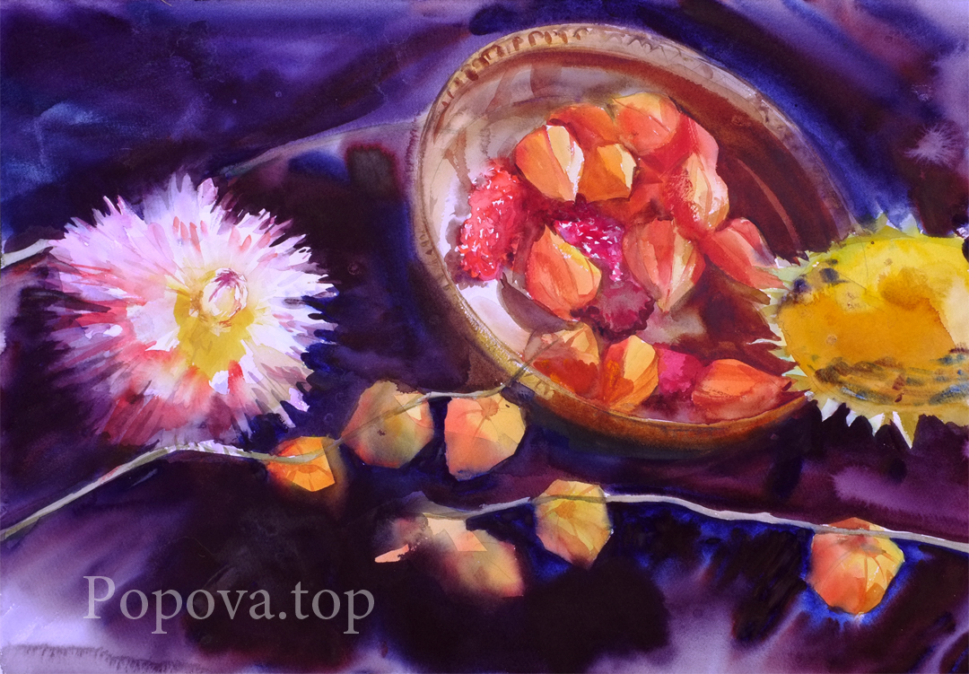 Dahlia and physalis Painting Watercolor 28x38 Natalia Popova - Professional Artist from the workshop of Anna Chepurnoy-Oleynik 2020