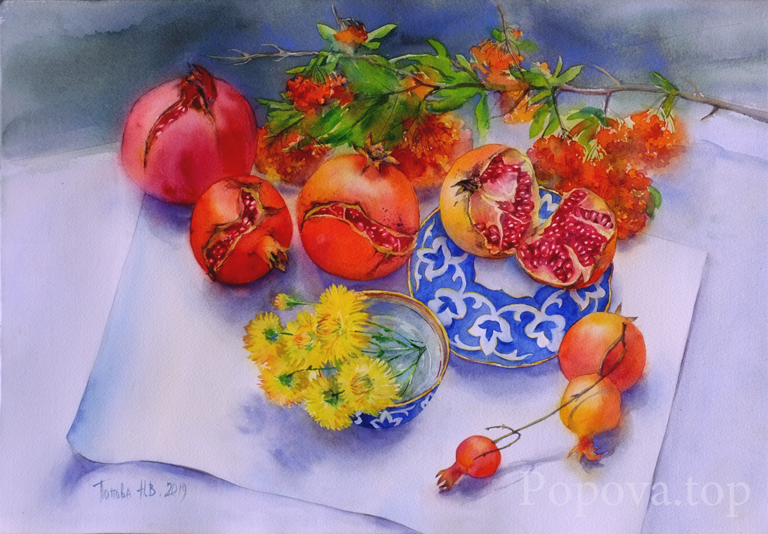 Grenades and porcelain Painting Watercolor 38x56 Natalia Popova - Professional Artist 2019 