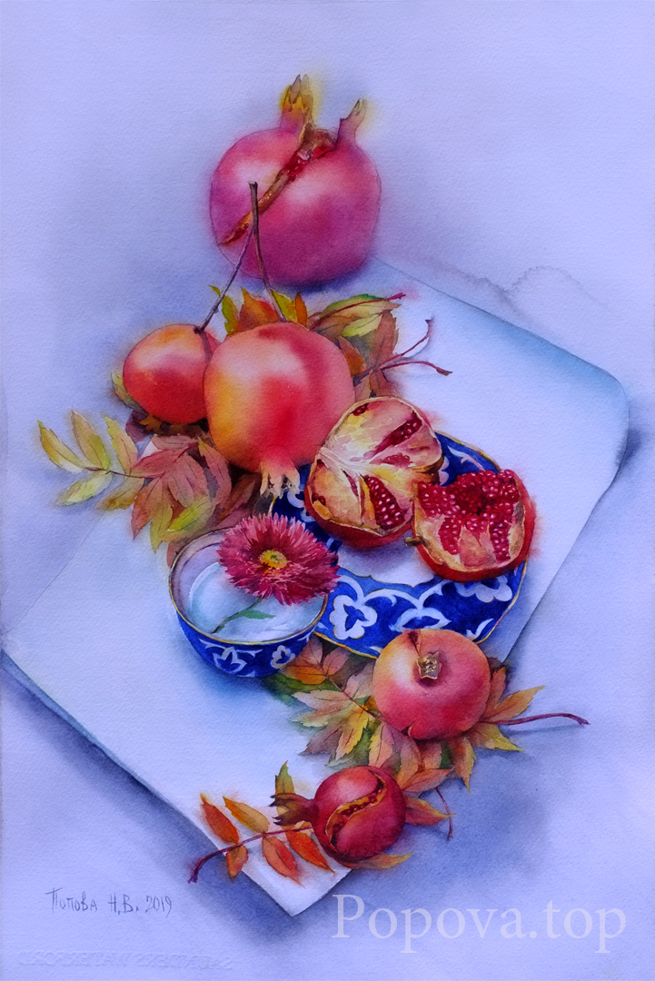 Instead of tea Painting Watercolor 38x56 Natalia Popova - Professional Artist 2019