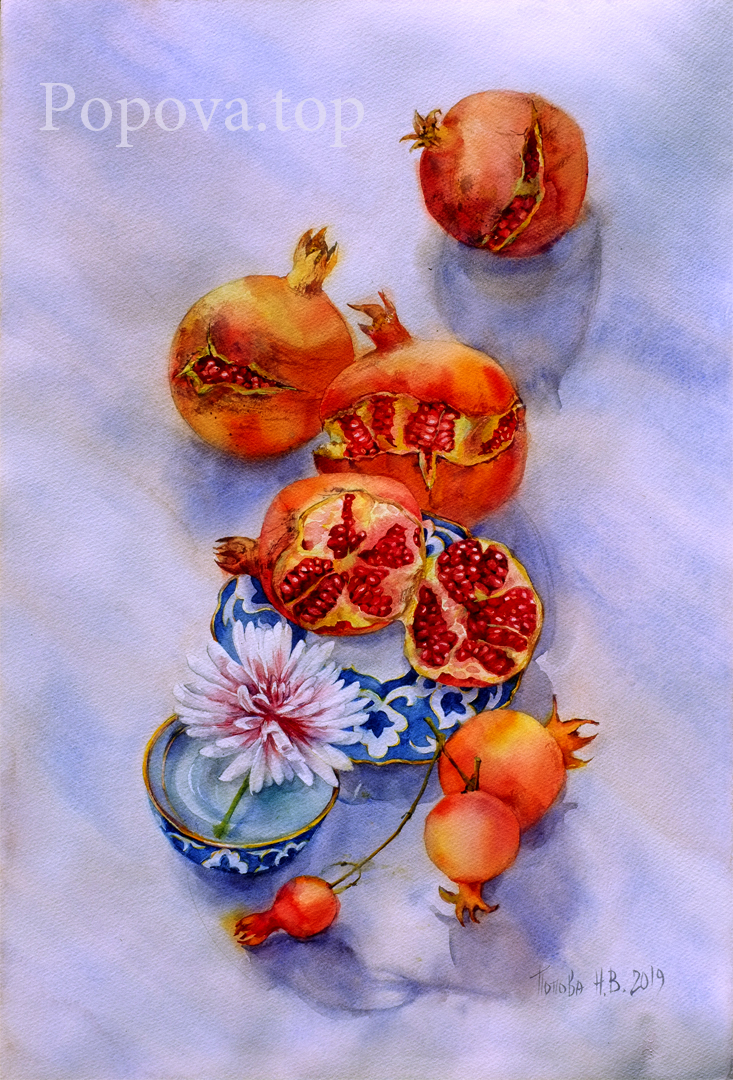 Time to collect grenades Painting Watercolor 38x56 Natalia Popova - Professional Artist 2019 