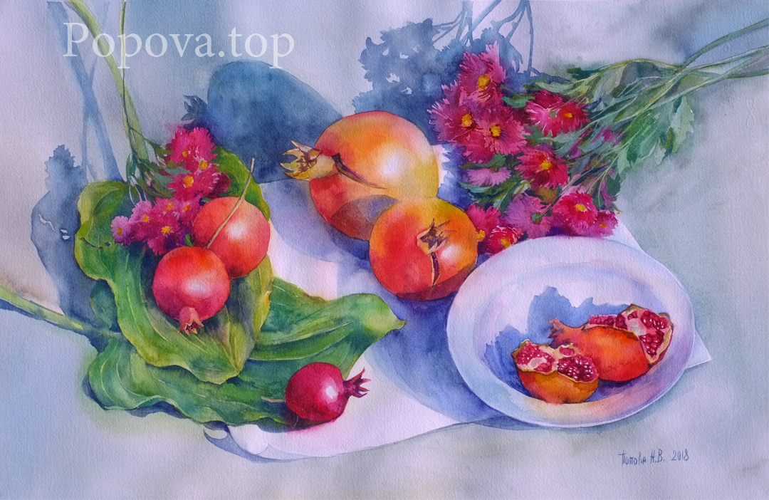 Pomegranate shadows Painting Watercolor 38x56 Written by Natalia Popova - Professional Artist in 2018 