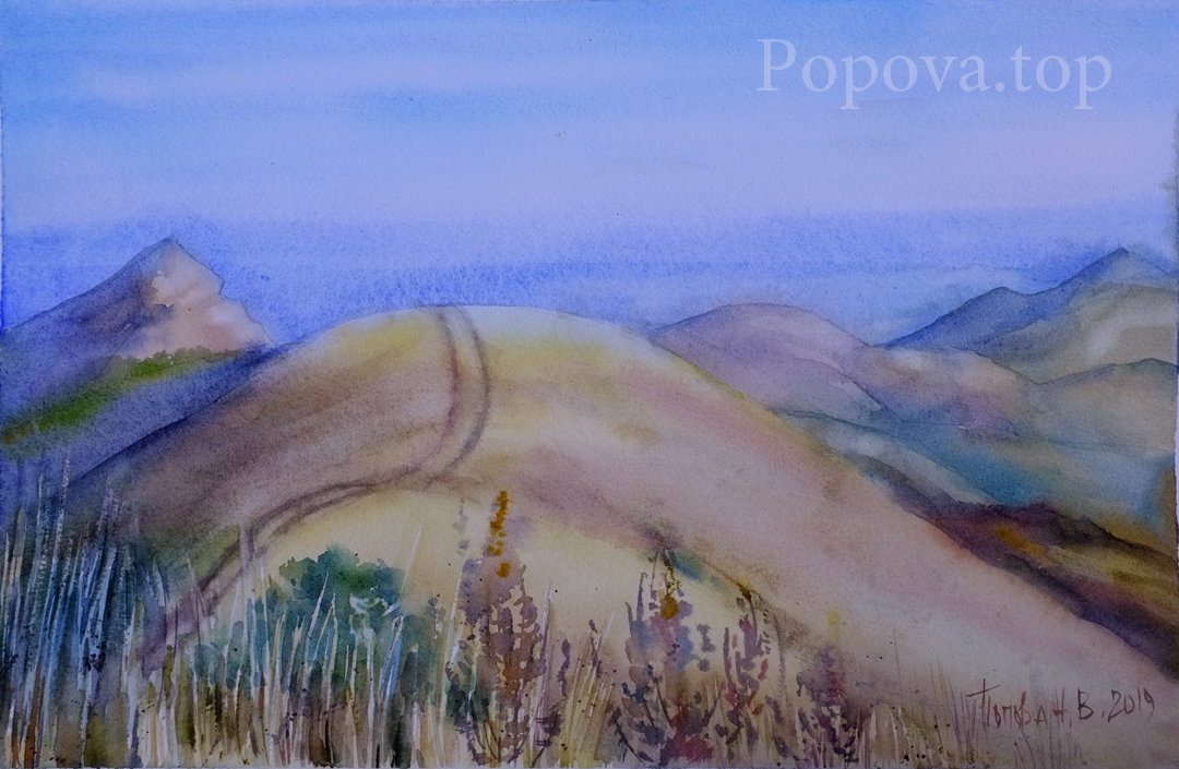 Montaña y pista Rápido bosquejo de las montañas de Crimea Pintura Acuarela 38x56 Natalia Popova - Artista Profesional 2019 
