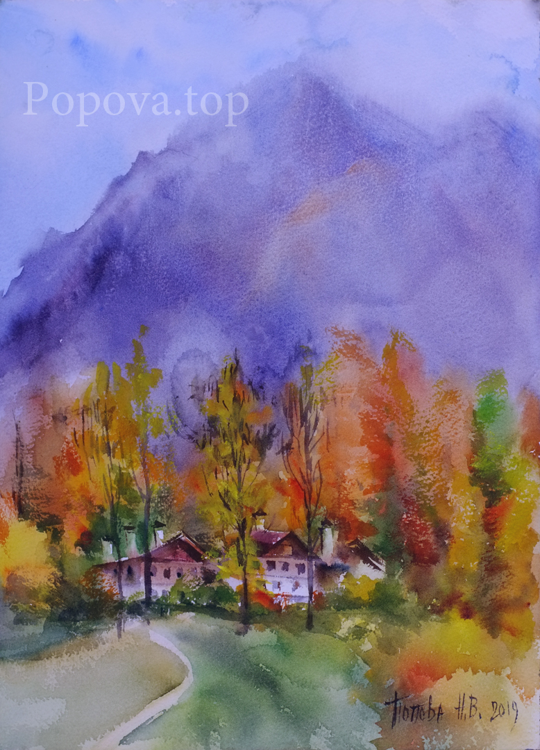  Autumn. Twilight. Mountains. Painting ( etude ) 28x38 Watercolor Nataliya Popova - Professional Artist Art Festival NewArtFest 2019 