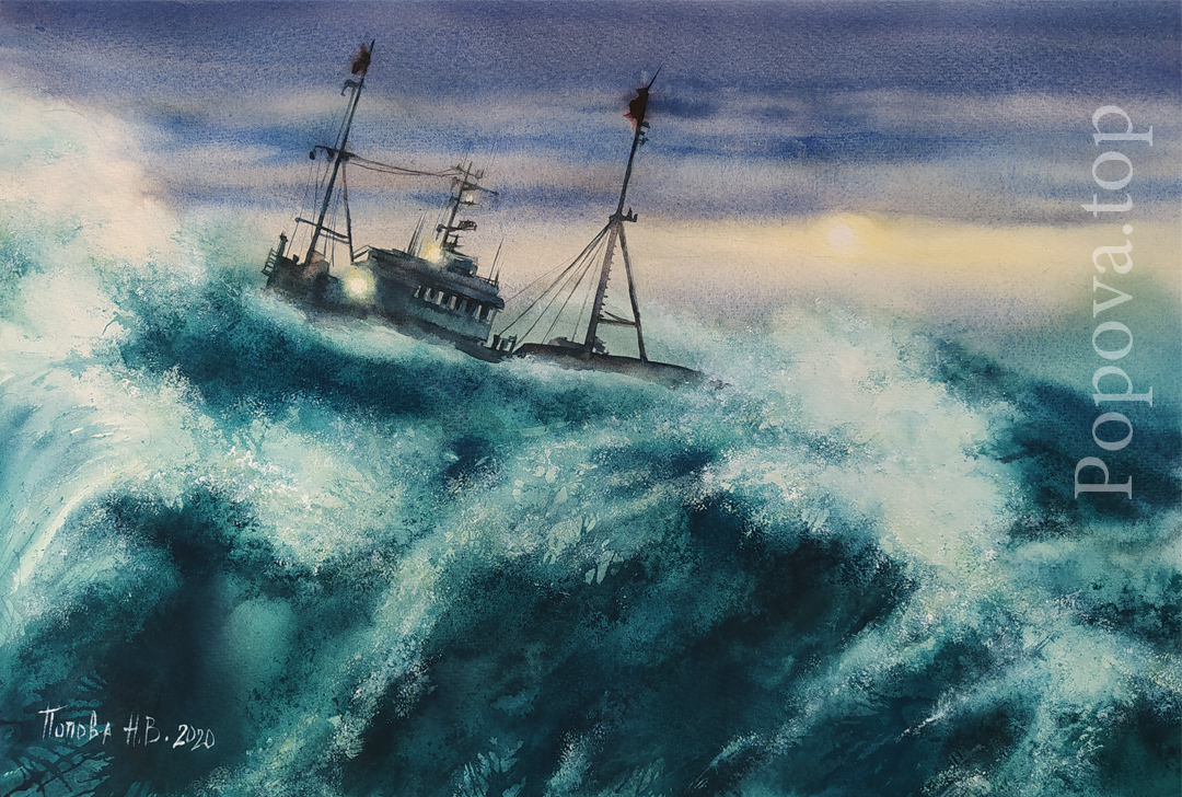 I play the waves Watercolor 56x38 Natalia Popova - Professional Artist 2020 